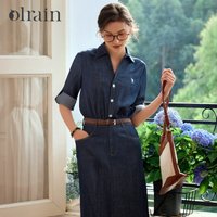 OLrain Women's Autumn Blue Denim Dresses Woman 2025 Commuter Office Ladies Elegant Nine-Sleeve Split Midi Dress M57QL000065