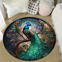 Large 3D Stained-Glass Peacock Mat Turquoise Blue Gold Luxury Soft Polyester Round Floor Rug Bedroom Kitchen Hallway Indoor Use