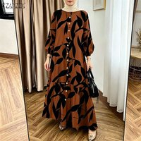 Women Bohemain Printed Muslim Abaya Dress Maxi Dresses ZANZEA Fashion Long Lantern Sleeve Kaftan Buttons Up Vestidos Robe Femme