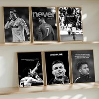 Czarno-biały plakat sportowy z piłkarzem, gwiazdą futbolu R-Ronaldos, inspirujące cytaty, obraz na płótnie, dekoracja ścienna do domu.