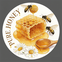 Round Stickers - Honeycomb & Bee "Pure Honey" Design for Gift Bags, Gift Boxes & Honey Packaging, Craft & Food Display Supplies