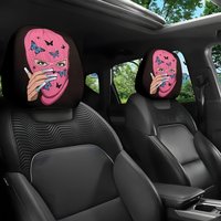 2pcs Pink Mask And Butterfly Themed Printed Car Seat Cushion And Headrest Covers - Universal Fit, Easy to Install