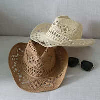 Straw Western Cowboy Hat for Women Men Classic Vintage Hollow Out Unisex Curled Wide Brim Sun Hat Fishing Hat Climbing Cap image 4