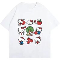 2026 Summer Hello Kitty Print Women's T-shirt Summer Casual Short Sleeve Loose Cotton Tee Cute Cartoon Graphic Streetwear Top
