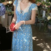 French Retro Lace Trim Blue Floral Print Dress Women V Neck Short Sleeve A-line Summer Long Dresses Vacation Maxi Robe 2026
