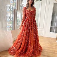 Dreamy Birthday Party Dresses Lace A-line Celebrity Dress Orange Square Neck Applique Sequined Belt Ruched Prom Dresses Long