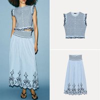 ZADATA Women's Summer Fashion Set Embroidered Plaid Top Midi Skirt Two-Piece Ensemble Sleeveless Seasonal Wear