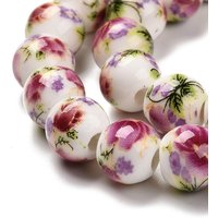 1strand Handmade Flower Printed Porcelain Ceramic Beads Strands Round Hot Pink 8~8.5mm Hole: 2mm 42pcs/strand