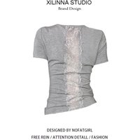 Sweet And Spicy Grey Lace Hollow out Short Sleeve T-Shirt Women's Slim Fit Waist Cinched Stylish Beautiful Top Trendy