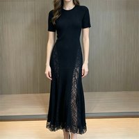 High-Quality Summer New Women's round Neck Lace Splice Short Sleeve Knitted Dress Fashion Casual Elastic Slim A-Line Long Dress
