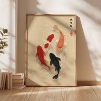 1pc Japanese Koi Fish Poster, Minimalist Asian Wall Art, Unframed Japandi Zen Water Canvas Painting for Living Room Decortion