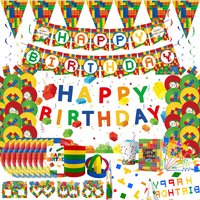 Building Blocks Birthday Party Decoration Banner Cups Plates Tablecloth Colorful Building Block Theme Party Supplies For Kid Toy