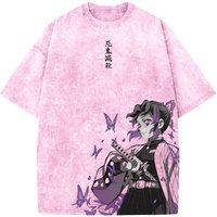 Demon Slayer Men's and Women's Washed T-Shirt Shinobu Kocho Summer Spring Anime Tee Retro Distressed High Quality Short Sleeve