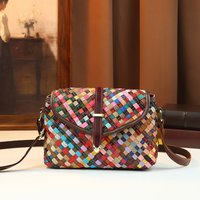 Crossbody bag Bohemian rainbow woven bag Hand woven genuine leather women's bag Ethnic style contrasting single shoulder bag