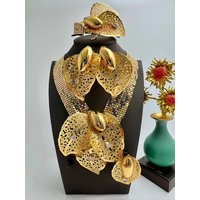 Luxury high quanlity African 18k Gold Plated 4pcs Jewelry Set Bridal Wedding Necklace Earrings Ring Bracelet