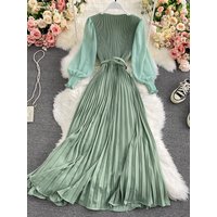 Elegant High Waist round Neck Dress Slimming A-Line Skirt Long Dress Pure Color Waist-Cinching Spring Autumn New Style