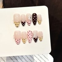 10pcs Brown Wave Point Design Press On Nails 3D Relief Flower Sweet Handmad Fake Nail Pink Yellow French Style Almond False Nail