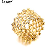 Lokaer Cubic Zircon CZ Stone Crystal Wide Ring Jewelry Women Stainless Steel Waterproof 18K Gold Plated Statement Rings R24002
