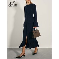 Oymimi Elegant Black O-Neck Womens Dresses Fashion Slim Long Sleeve Single Breasted Dresses Casual Ruffled Mid-Calf Dress Female