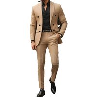 Khaki Men Suits Fashion Double Breasted Peak Lapel Male Suit Slim Chic Solid Color Smart Casual Office Formal Clothing 2 Piece