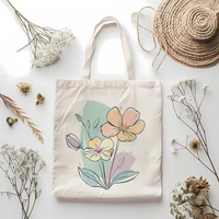 Soft Pastel Line Art Wildflower Canvas Bag Minimalist Floral Brush Print Reusable Shoulder Bag Cottagecore Shopping Handbag