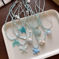 Blue Beaded Ocean Resort Necklace for Women Sweet Summer Starfish Shell Choker Lightweight Premium Non Slip Daily Beach Vacation
