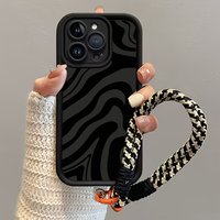 Black Textured Stripes Hang Strap Silicone Phone Case For iPhone 17 16 15 14 13 12 11 Pro Max X XS XR 7 8 Plus 16E 17Air Cover