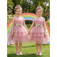 Young Girl Romantic Vacation Pink Dress,3D Adjustable Golden Large Butterfly Knot Full-Puffed Cake Skirt,Outing,Daily Wear,Party