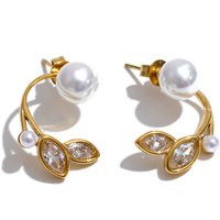 Yhpup Stainless Steel Simulated Pearls Zircon Leaf Stud Earrings for Women Korean Style Daily Chic Jewelry New