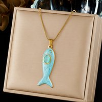 ZAKOL 316L Stainless Steel Blue Glazed Enamel Fish Pendant Necklace For Women Fashion Beach Ocean Style Holiday Accessories