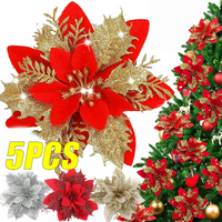 5PCS Christmas Flowers Christmas Glitter Artificial Flowers Christmas Tree Hanging Ornaments Christmas Decoration Supplies
