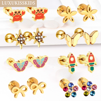 LUXUKISSKIDS Girls Stainless Steel Cherry Stud Earrings Tiny Simple Fashion Cute Flower ัะตััะณะธ Butterfly Fairy Bowknot Jewellry