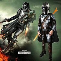Kids Mandalorian Beskar Armor Cosplay Costume Star Wars Themed Jumpsuit with Mask for Halloween Dress Up Performance Costume