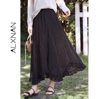 ALXNAN Women's Summer Black Skirt New Lyocell Irregular Ruffle Hem A-line Ruched Skirt 2026 Elegant Female Long Skirts L61855A