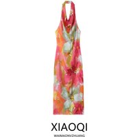 Summer 2026 New Women's Long Printed Dress Hanging Neck Design Sleeveless Slim Fit Straight Tube Skirt City Commuting Casual ...