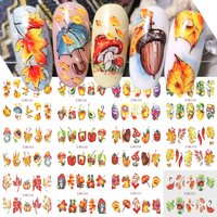 12pcs Autumn Nail Stickers Cartoon Fall Maple Leaves Pumpkin Mushroom Decal Water Transfer Sliders Gel Polish DIY Manicure Foils