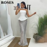 ROSES White Evening Gown with Silver Sequin Mermaid Prom Dress Satin Top Wedding Evening Dress Strapless 프롬 드레스 Customized