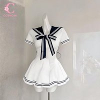 Sweet Preppy Sailor Collar Bow Tie Navy Striped Trim Mini Dress Women Slim Fit Short Sleeve Casual Daily Party Elegant Outfit