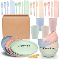 24PCS Home Outdoor Plastic Dining Plate Bowl Wheat Straw Plate Bowl Cup Knife Spoon Tableware Set