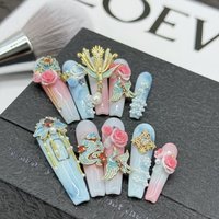 10Pcs High Quality Handmade Press on Nails Carved Retro Lace Rhinestone Full Setting Laser Glitter Stick-on Nail Art Retro Briti