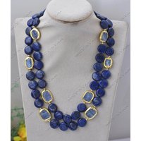 Z13571 2Row 19'' 14mm Blue Coin Lapis-Lazuli Blue Ceystal Necklace Custom Jewelry