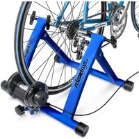 Rollentrainer inklusive 6-Gänge-Schaltung, für Indoor-Fahrradfahren, Stahl, blau, für 26-28 Zoll, bis 120 kg, faltbar, Fahrradtrainer, Relaxdays