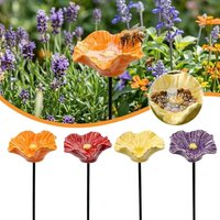 Creative Resin Flower Shaped Drinking Fountain Holder Bee Watering Station Bird Bath Stand Bird Water Feeder for Garden Outside