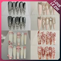 10Pcs Sweet Cool Long Stiletto Coffin Handmade Press On Nails Bowknot Flower Lace Diamond Leopard Print French False Nails