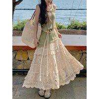 Mid Long Skirt Women Knitted Skirt 2024 Goth Lolita Spring Summer High Waisted Holllow Out Crochet Floral Pleated Skirts rok