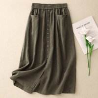 Women Summer Vintage Mori Girl Solid Color Cotton Linen Skirts High Elastic Waist Button Front Casual Loose A-Line Midi Skirt