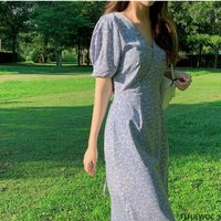 Chic Korean Clothes Design Summer Japanese Girls Women Short Sleeve Elegant Lady Black Floral Printed Retro Vintage Long Dress