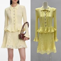 Women Lace patchwork yellow knitted mini dress long sleeve turndown collar slim fashion dress