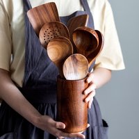 Teak Cooking Tool Set Acacia Wood Kitchen Utensils Long Handled Spatula Non Stick Solid Wood Spatula Fork
