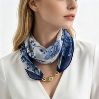 Oriental Ink Painting Plum Blossom Peony Printed Neck Scarf With Magnetic Buckle Scarf Clasp, Lazy Quick Easy Wear Neckerchief